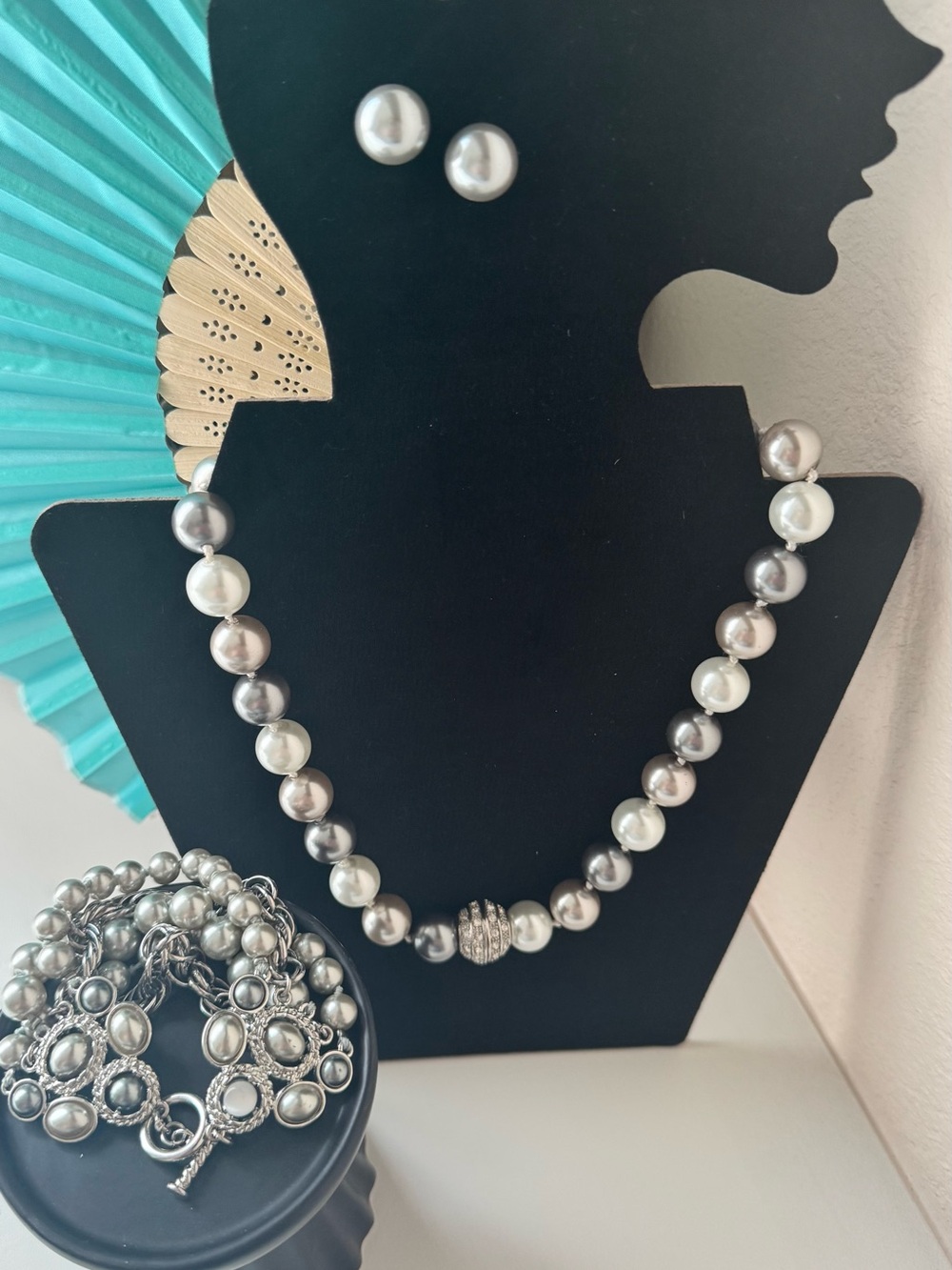 Silver and Grey Tone Faux Pearl  Statement Necklace, Earring and Bracelet Set